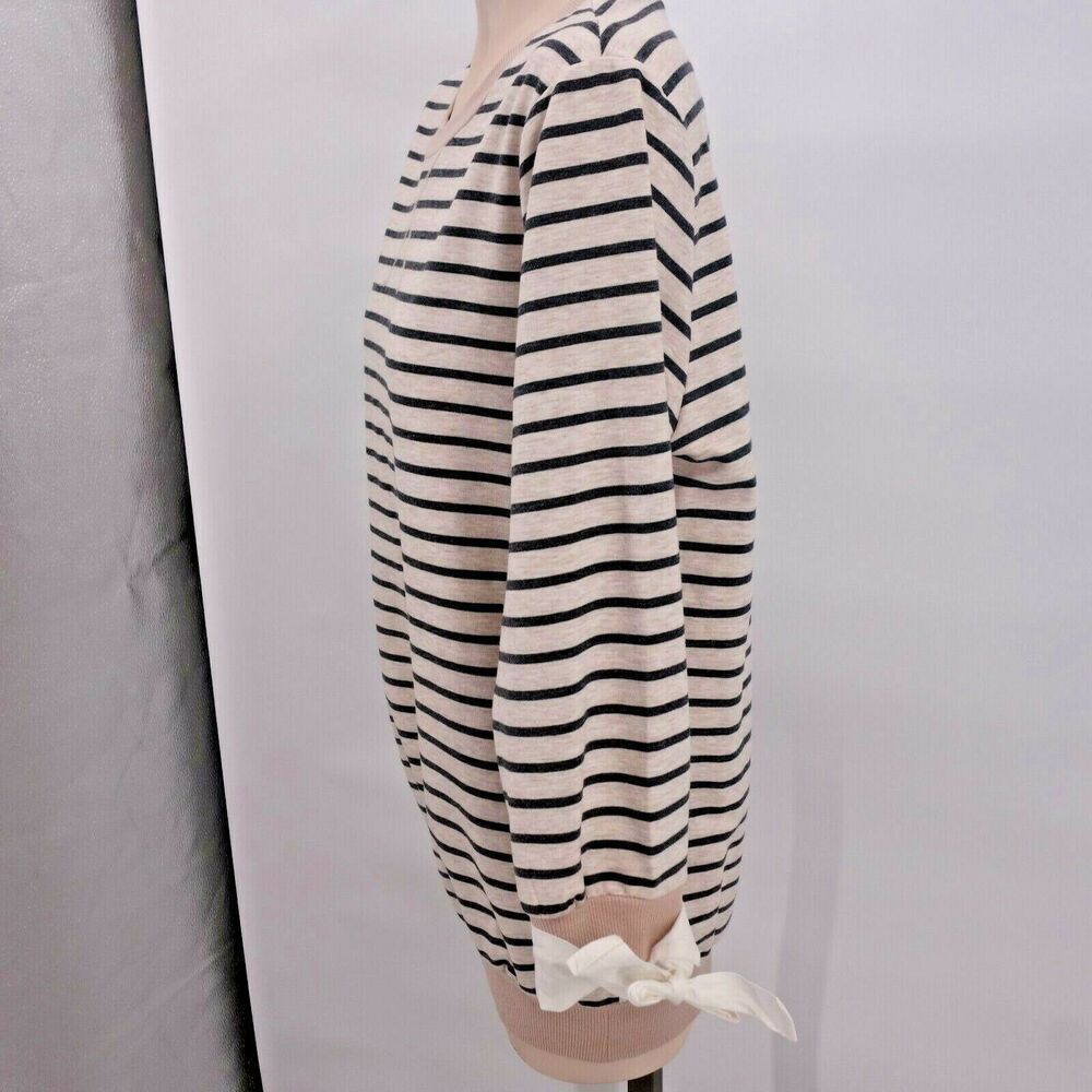 Doe & Rae Taupe Black Stripe Long Sleeve Knit Shirt Top Tie Wrist Women's Small - Picture 2 of 5